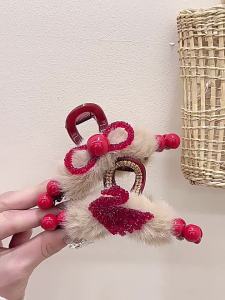 2026 Hot Sale [ Shipped from China ] Super fairy red plush hair claw clip for women festive New Year atmosphere hair clip for updo shark clip hair accessory B3