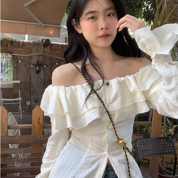 Áo sơ mi trễ vai nữ L66 studio dài tay phối bèo tiểu thư A084