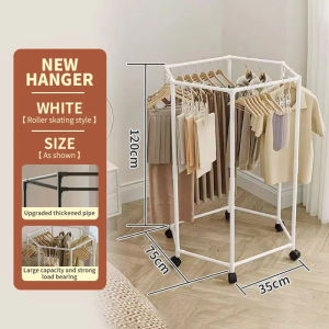 360° Rotating Heavy Duty Clothes Hanger with Wheels Drying Rack Hexagonal Folding Clothes Rack