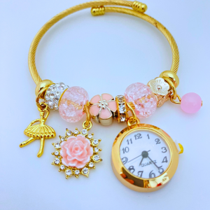 Gelang Jam Tangan Titanium dengan Liontin Charm Warna-Warni dan Aksen Kristal