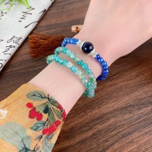 New Chinese retro aquamarine clear green three circles stacked bracelet round bead elastic rope versatile high value gradual change bracelet