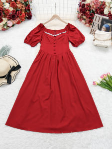 เดรสยาวเจ้าหญิงสุดหรูหรา สีแดง แขนพอง ผ้าโพลีเอสเตอร์