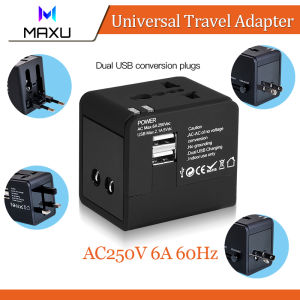 International Travel Adapter 6A Universal Conversion Plug US UK EU AU 2 Pin/3 Pin Power Socket with 2.1A Fast-Charging 2 USB Ports