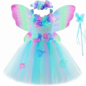 Turquoise Flower Fairy Costumes for Girls Butterfly Fairy Princess Dresses with Wings Wand Kids Halloween Carnival Tutus Outfit2026