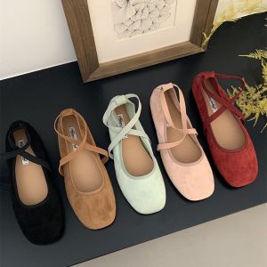 รองเท้าแมรี่เจนผู้หญิงสุดเก๋ รองเท้าบัลเล่ต์ผู้หญิง วัสดุหนังกลับ สไตล์ฝรั่งเศส