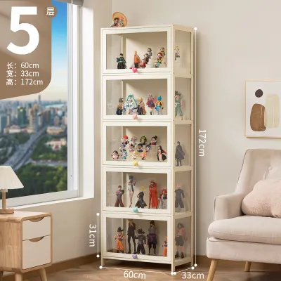 KIMDELIN Display Cabinet 2 Doors 4/5 Layers Three Sided Transparency Display Organizer Bookshelf Wooden Bookcase Cabinet shelves