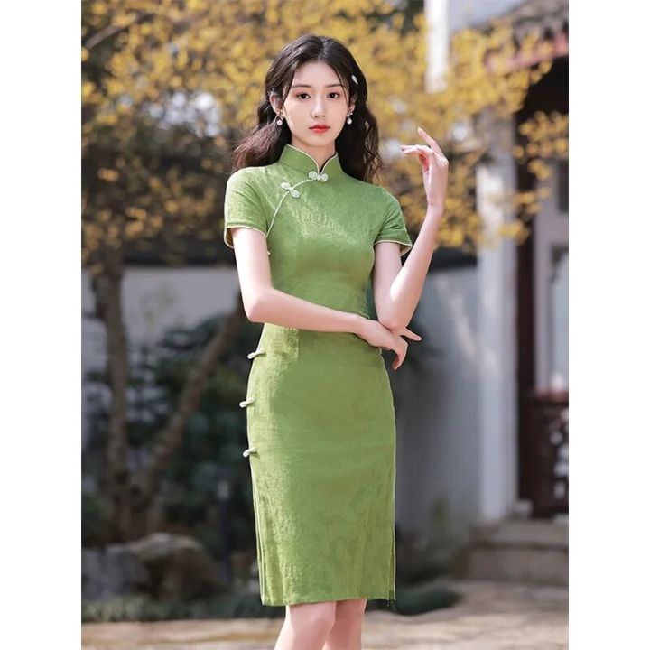 IN stock Modern Improved Green Cotton Linen Qipao Summer Retro Chinese Style Cheongsam Dress for Women Lazada PH