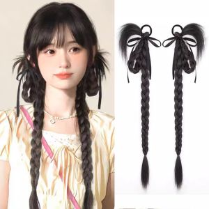 ERYRG 2Pcs แป้งโดว์ วิกผมถักเปีย สไตล์จีนใหม่ เกลียวถักเปีย วิกผมหางม้าคู่ น่ารักน่ารักๆ การต่อผม ถักเปียชกมวยขนนกไก่ สำหรับผู้หญิง