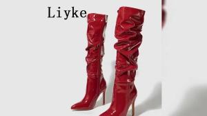 Liyke Fashion Design Pleated Patent Leather Knee High Boots Women Red Pointed Toe Zip Stiletto Heels Party Shoes Booties Female