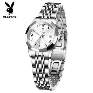 PLAYBOY watch for women elegant small dial luminous calendar waterproof stain steel strap women watches
