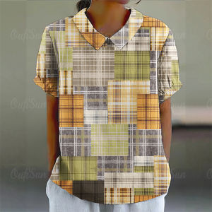 Cotton Linen Shirts Pure Cotton T-Shirt Short-Sleeved Lapel Womens Shirt Large Size Loose T-Shirt Hawaiian Shirt Retro Simple Hook Line Print Versatile Clothing