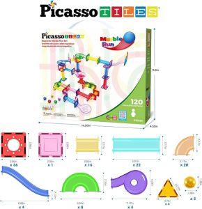 PicassoTiles Marble Run 120 Piece Magnetic Building Blocks Magnet Tile Stem Learning
