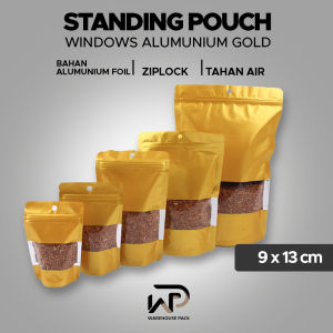 ( 10 Pcs ) Standing Pouch Alumunium Windows Emas 9 x 13 | Kemasan Serbaguna | Kemasan Ziplock | Kemasan