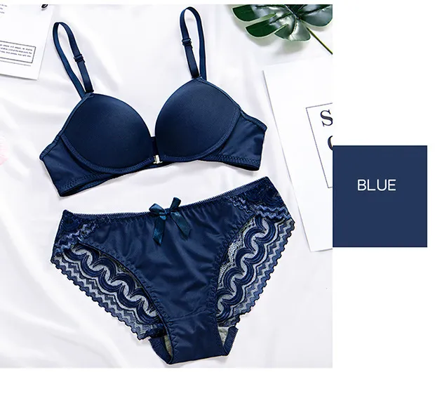 Generic Women's Underwear Solid Bra Simple Set Push Bra Set Blue