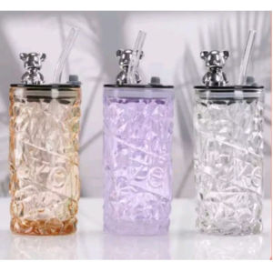 Tumbler Botol Motif Kristal Kaca Aesthetic Tutup Beruang Free Sedotan 350ml