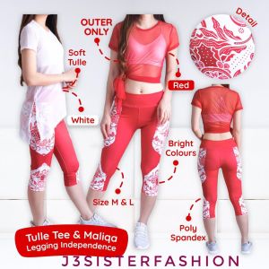 Baju Dan Celana Olahraga Maliqa Tulle Set Baju Senam Tile Merah Putih Baju Zumba Aerobik Fitness Gym Dance