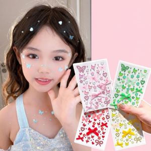 WAPKTY 3D Stereo Face Gem Stickers Colorful Bow Heart Star Glittery Eye Stickers Cute Self-Adhesive Rhinestone Makeup Stickers for Girls