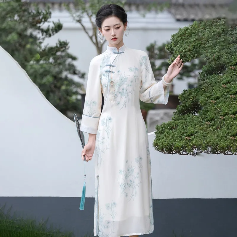 fitted lace wedding dress Black Velvet Long Qipao / Cheongsam Dress with Lace Sleeves