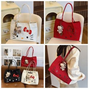 DJAQWA Cute Kitty Tote Bag Kawaii Sweet Cloth Handbag Portable Large Capacity Kitty Shoulder Bag for Women