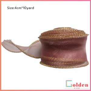 Golden ริบบิ้นผ้าใยแก้ว ผ้าโปร่ง เย็บขอบ หน้ากว้าง 4 cm สําหรับตกแต่งเค้ก Organza Ribbon