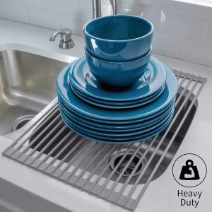 ZEEKEA Kitchen Large Roll Up Dish Drying Rack - Heavy Duty Silicone Wrapped Steel Rods Over Sink Dish Drying Rack