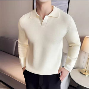[Local Stock] HBESTY  High Quality Autumn Winter Mens Knit Polo Shirts Thick Solid Color Turn Down Collar Knitted Polos Men Smart Casual Tees Tops