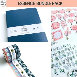 BujoWorld Bundle Pack - A5 Dot grid Notebook 132 page  3 Rolls 10m Washi Tape set -Silver foil & white flowers Bees  46 Stickers Sakura Eucalyptus - ESSENCE - Bullet Journalling  Planner 2023  Creative student artist