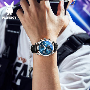 [Hot sale] PLAYBOY Watch For Men Original Waterproof 2022 Fashion Multifunction Dial Luxury Genuine Leather Strap Casual Mens Watch