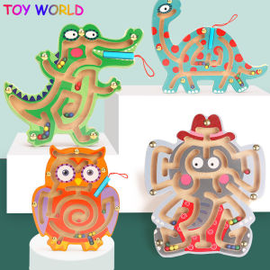 Montessori Wooden Magnetic Maze Toy Cute Animal Monkey Wooden Toy Brain Teaser Track Jigsaw Puzzle Dinosaur Walking Beads Labyrinth for Kids Early Learning Educational Toys