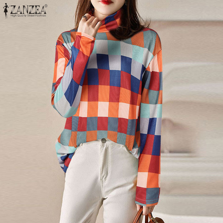 ZANZEA Korean Style Womens Ladylike High Neck Contrast Plaid
