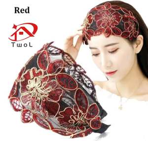 TWOL SHOP Stock no.097,1pcs Wide Lace Flowers Headband Women Cover Grey hair Hair Hoop Bands Toothed Non-slip Elastic Hairband