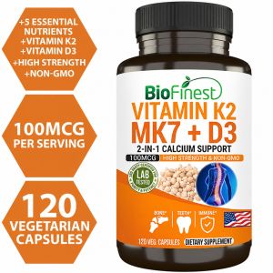 Biofinest Vitamin K2 (MK7) with D3 Supplement - Vitamin D & K Complex - 1000 IU Vitamin D3 & 100 mcg Vitamin K2 MK-7 - Bone Teeth Muscle Joint Heart Immune Support and Calcium Absorption - Black Pepper Extract Fast Absorption (120 Vegetarian Capsules)