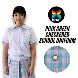 Joenel Sailor Collar Blouse With Ribiti and Pink Green Checkered Box Pleats Skirts School Uniform