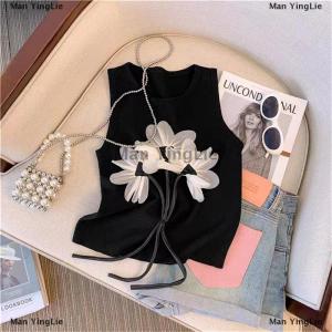 [COD] Man YingLie Summer Fashion Chic Flower Knitted Vest Women Round Neck Sleeveless Striped Tank Top