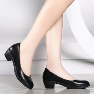 [Free Shipping] All-Season Single Shoes Chunky Heel Round Toe Mid-Heel WomenS Shoes Square Heel Shallow Opening Black Leather Shoes Work Shoes Low-Heel WomenS Single Shoes