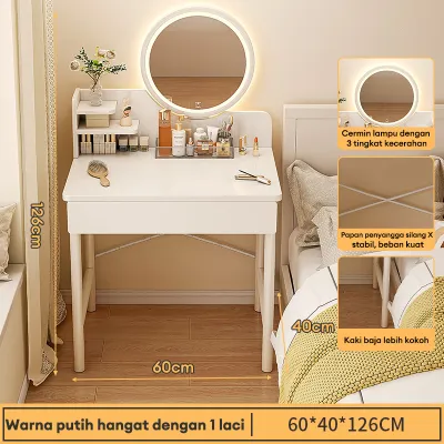 COUNTRY-HOUSE Meja Rias Putih Minimalis Dengan Rak Kosmetik Meja Rias Kaca Bundar Praktis