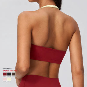 MUTUER Contrast Strap Halter Neck Padded Sports Bra for Women Open Back Color Block Full Cup Wireless Removable Pads Gym Workout