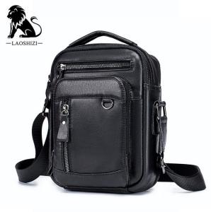 LAOSHIZI Genuine Leather First Layer Cowhide Mens Messenger Bag Business Bags Crossbody Bag