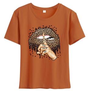 Trendy Womens Leopard Lips Finger Print Graphics T-Shirt Short Sleeve Tee Loose Fit Pullver Top for Casual and Holiday