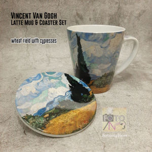 Latte Mug 12 oz and Ceramic Coaster Set. Vincent Van Gogh Art Series: Wheat Field with Cypresses