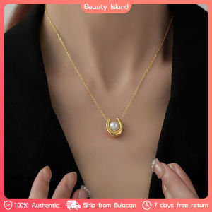 Korean U-shaped Pearl Pendant Necklace Stainless Steel Gold Plated Necklace for Women
