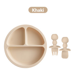 Sweetybayibayi 3IN1 Baby Feeding Set Makan Baby Plate Set Short Wooden Spoon Fork Set Baby Silicone Dining Set