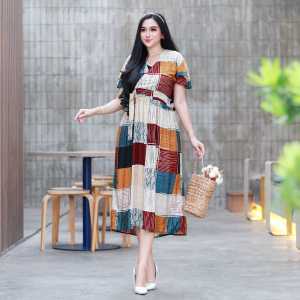 COD Dress Model Kimono Rayon Motif Kotak Abstrak Busui Kancing Depan Tali Samping Devino Style