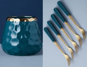 🔥SG READY STOCK🔥Dessert Fruit Fork Set 6-Piece Set Nordic Fork Luxury Stainless Steel Set Ceramic Fruit Jar Storage Gold Dessert Cutlery Set Sudu Garfu Seramik