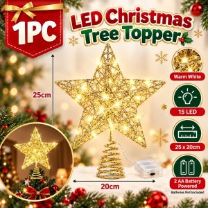 SG Ready Stock LED Christmas Tree Topper Star 25CM 15LED Warm White Battery Xmas Tree Decoration