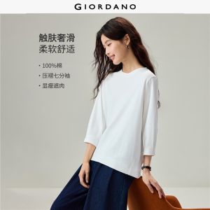 Giordano Women 100% cotton high-low hem 3/4 sleeve tee Free Shipping 05326783