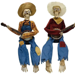 Scary Banjo Skeleton Ornament With Red Yellow Checkered Design Durable Plastic Materials For Seasonal Home Decors