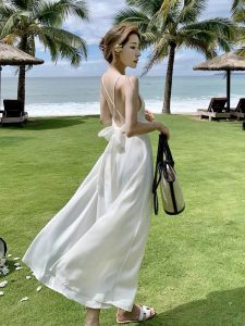 Đầm Nữ Trắng 2 Dây Hơ Lưng Đan Dây Nơ Lưng Maxi Cực Đẹp