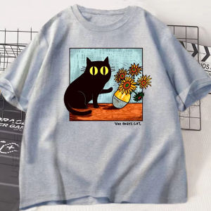 [Local Stock] HBESTY  New Cat Graphic T Shirts Men Women Flower Black Cat T-shirt Round Neck Cotton Short Sleeve Trendy Tee Shirt Streetwear