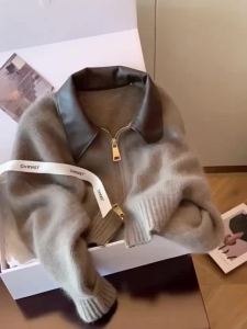 Spliced Leather Collar Knit Sweater Fashion Double Zipper Cardigan Womens Autumn/Winter New Soft Vintage Long Sleeve Streetwear